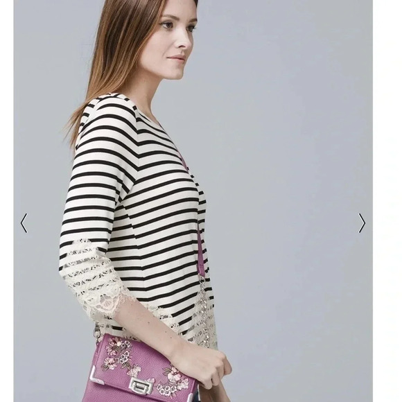 White House Black Market | Black & White Stripe Lace Hem Blouse Size S Small - Picture 13 of 13